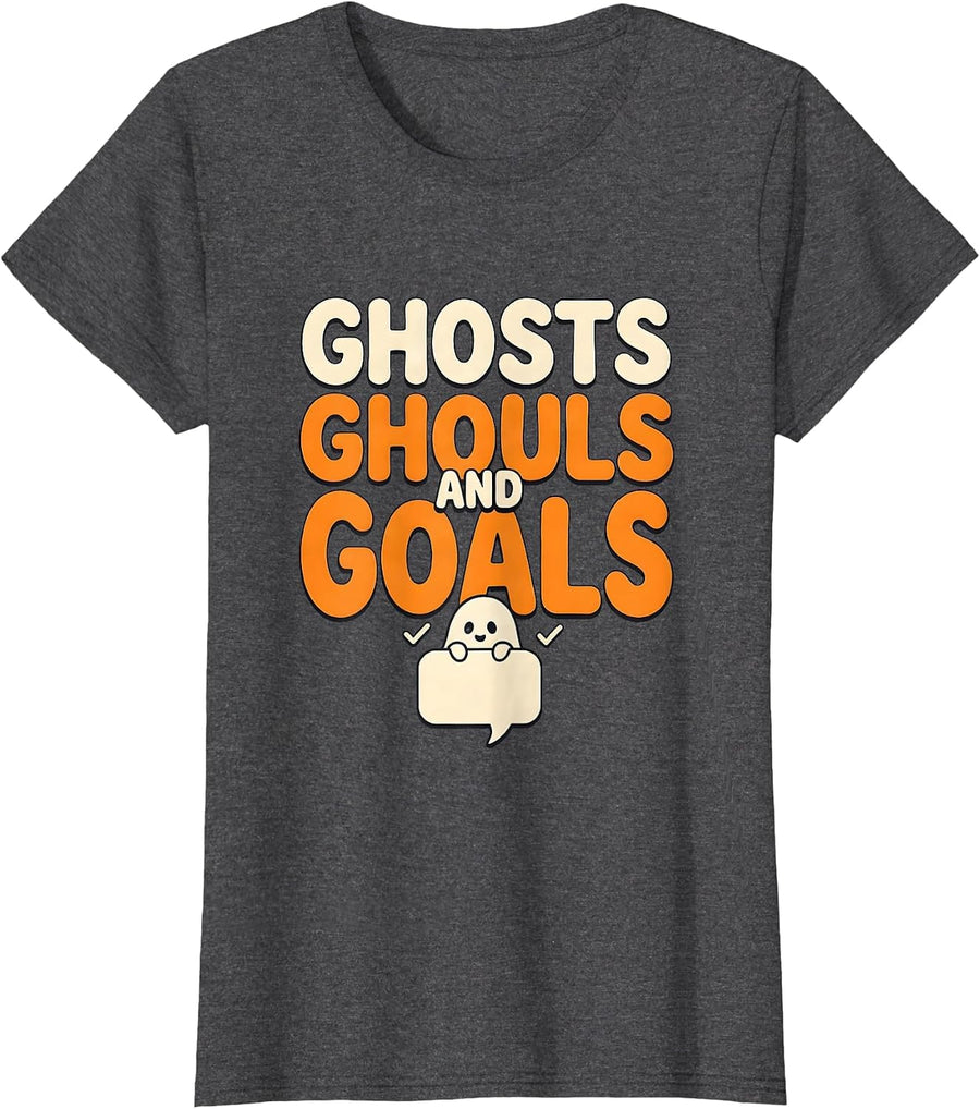 Women's Ghosts Ghouls and Goals Funny Halloween SLP Teacher Speech T-Shirt - Dark Heather Grey