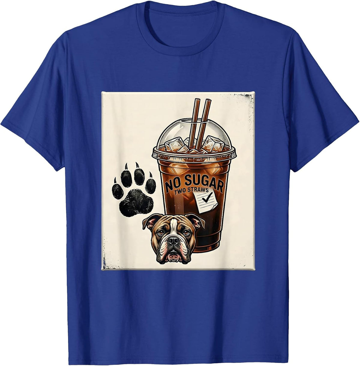No Sugar Two Straws Funny Pitbull Drinking Iced Coffee Meme T-Shirt - Royal Blue