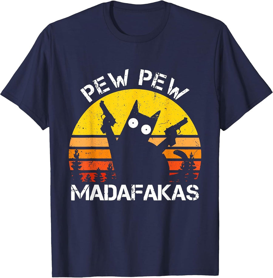CAT - Pew Pew Madafakas Crazy Summer Cat with Gun T-Shirt - Navy Blue
