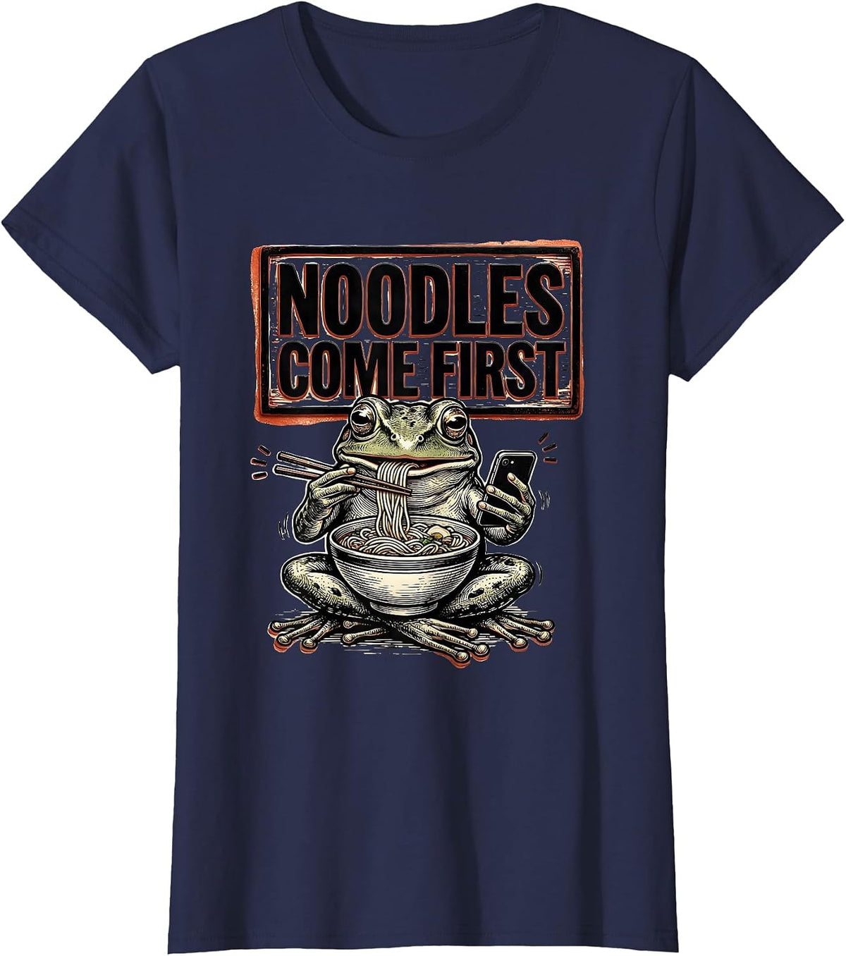 Women's Noodles Come First Funny Grumpy Frog Japanese Art Ramen T-Shirt - Navy Blue