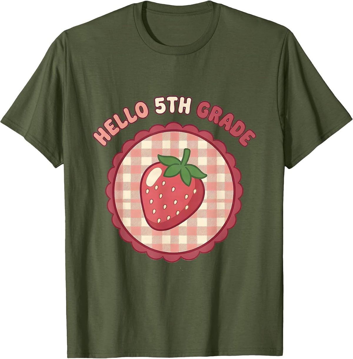 Hello 5th Grade Cute Gingham Picnic Back to School Girl T-Shirt - Olive Green