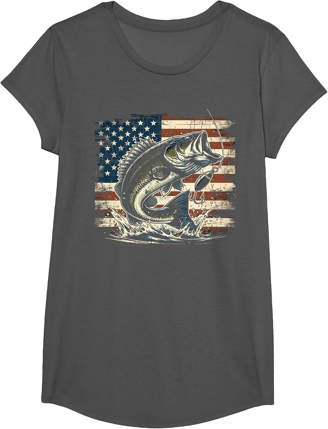 Fishing US American Flag Bass Fish Fisherman T-Shirt - Girls Asphalt Grey