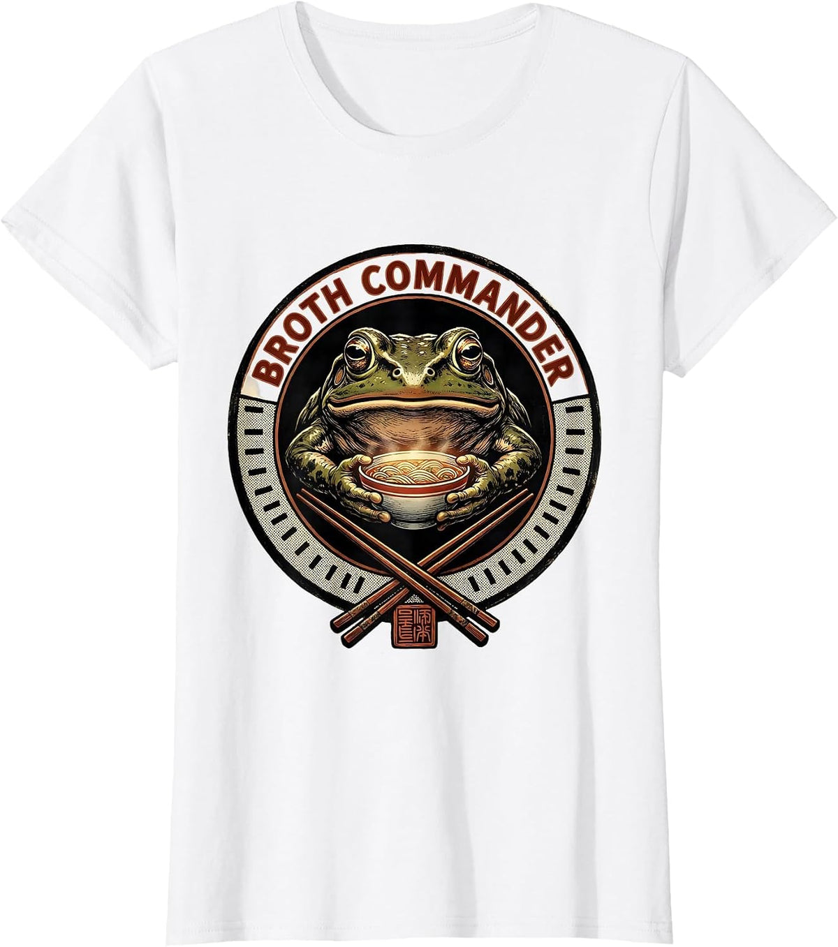 Women's Broth Commander Grumpy Frog Ukiyo-e Ramen Humor Anime Art T-Shirt - White