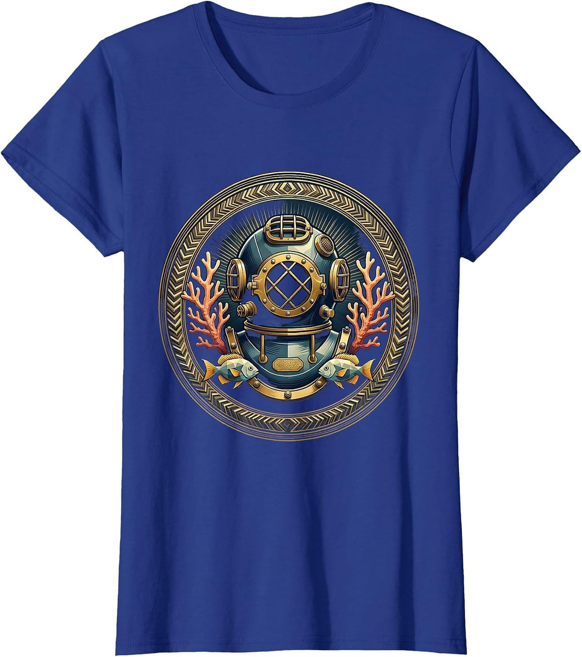 Women's Retro Diver Helmet Coral Reef Ocean Art T-Shirt - Royal Blue