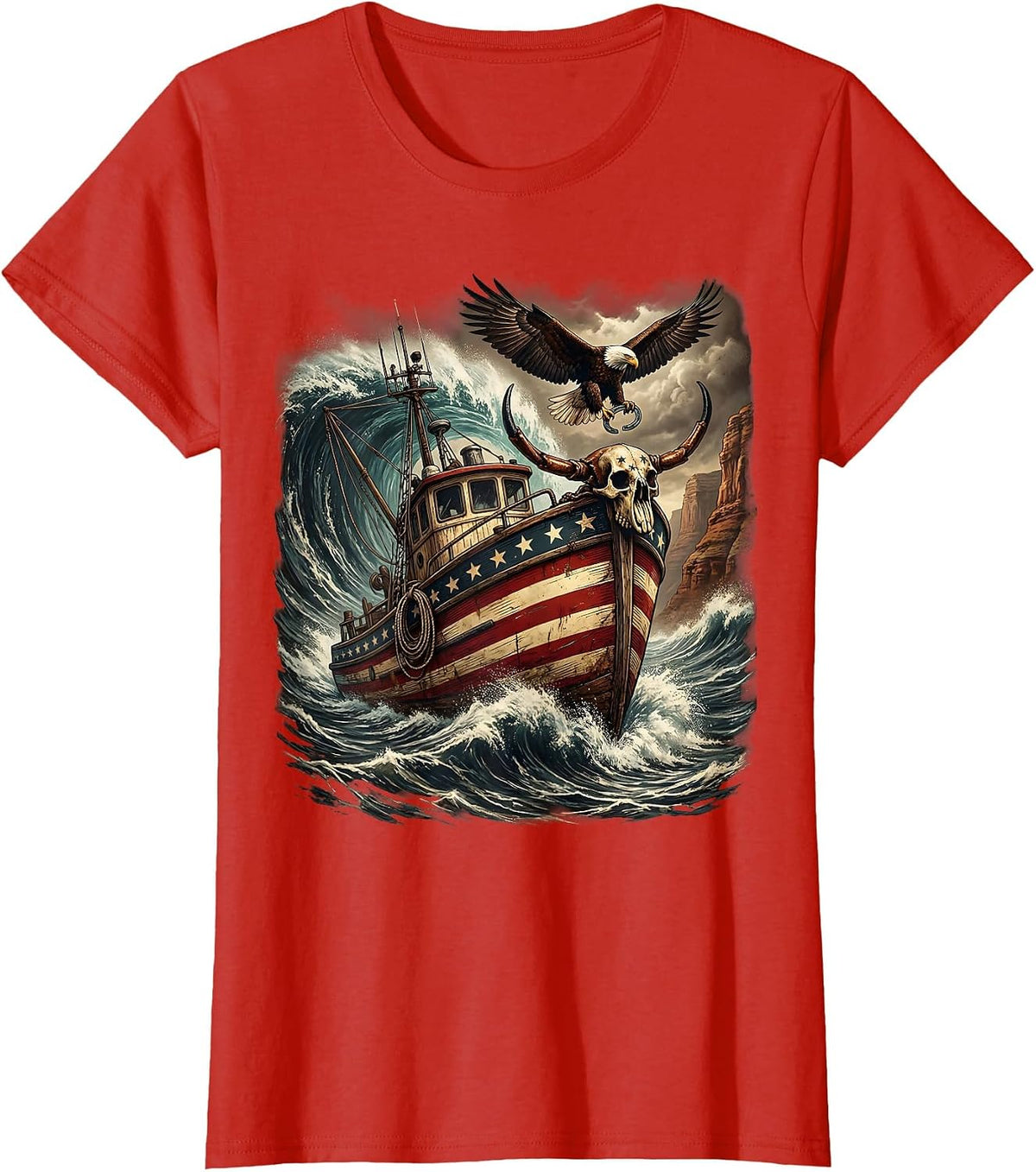 Gulf of America Crab Boat Storm Waves Illustration T-Shirt - Red
