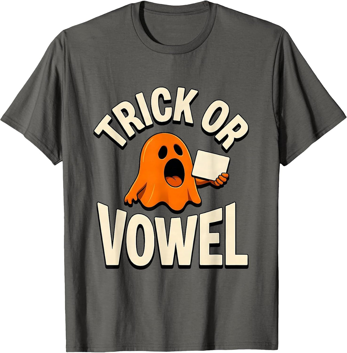 Men's Trick Or Vowel Funny Halloween Speech Therapy SLP Teacher T-Shirt - Asphalt Grey