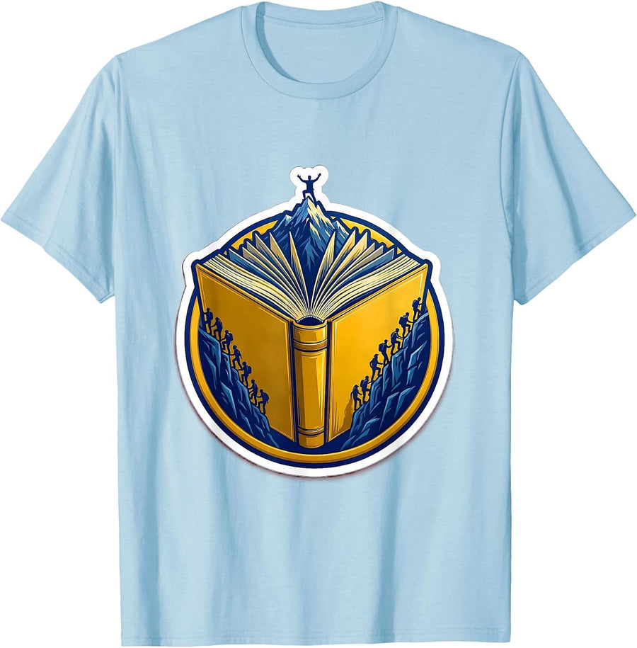 Men's Open Book Tiny People Climbing Pages Teacher Tee T-Shirt - Baby Blue