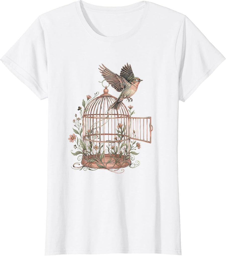 Women's Down Syndrome Awareness Open Birdcage Freedom Design T-Shirt - White