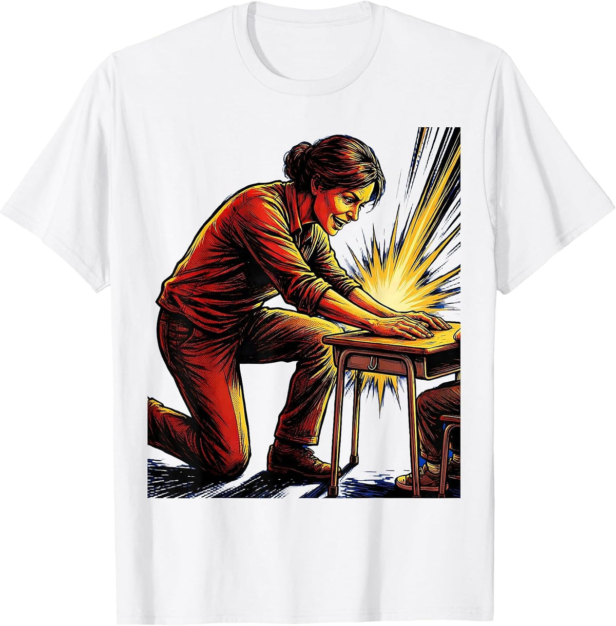 Men's SPED Teacher Kneeling at Student Desk Illustration T-Shirt - White