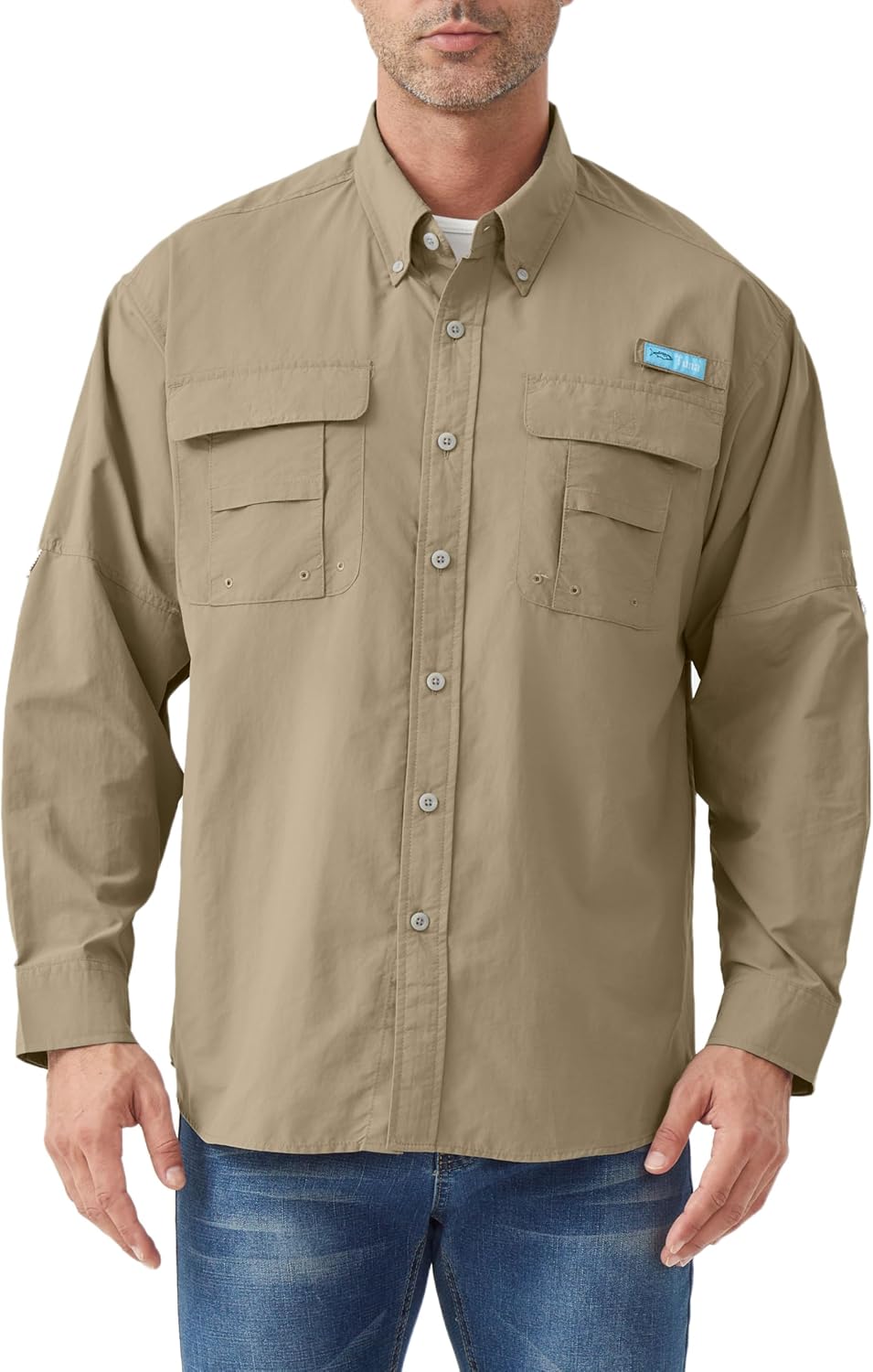 Tuna Men's Fishing Long Sleeve Shirts - UPF 50+ Sun Protection Quick-Dry Water-Resistant Button Down Shirt for Men - Khaki 01