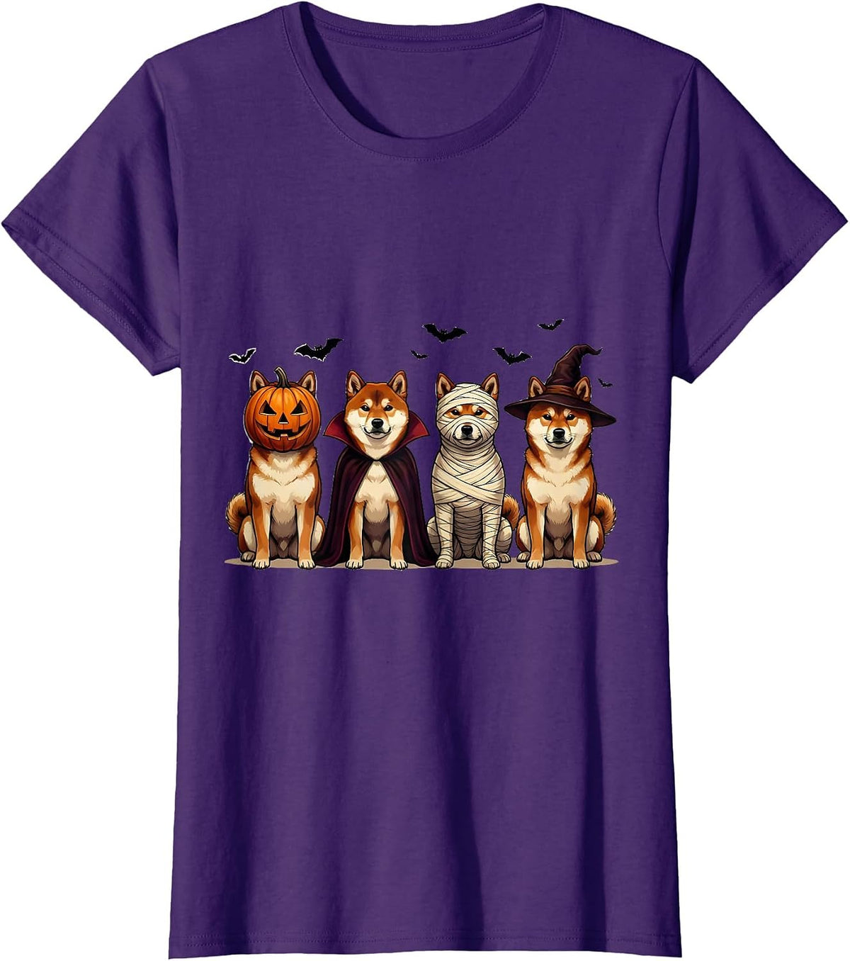 Women's Halloween Shiba Inu Squad Pumpkin Vampire Mummy Witch Dog T-Shirt - Purple