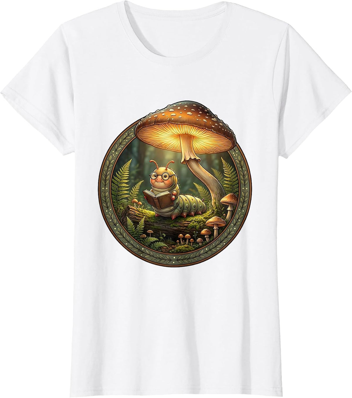 Caterpillar Reading Book Under Mushroom Lamp T-Shirt - White