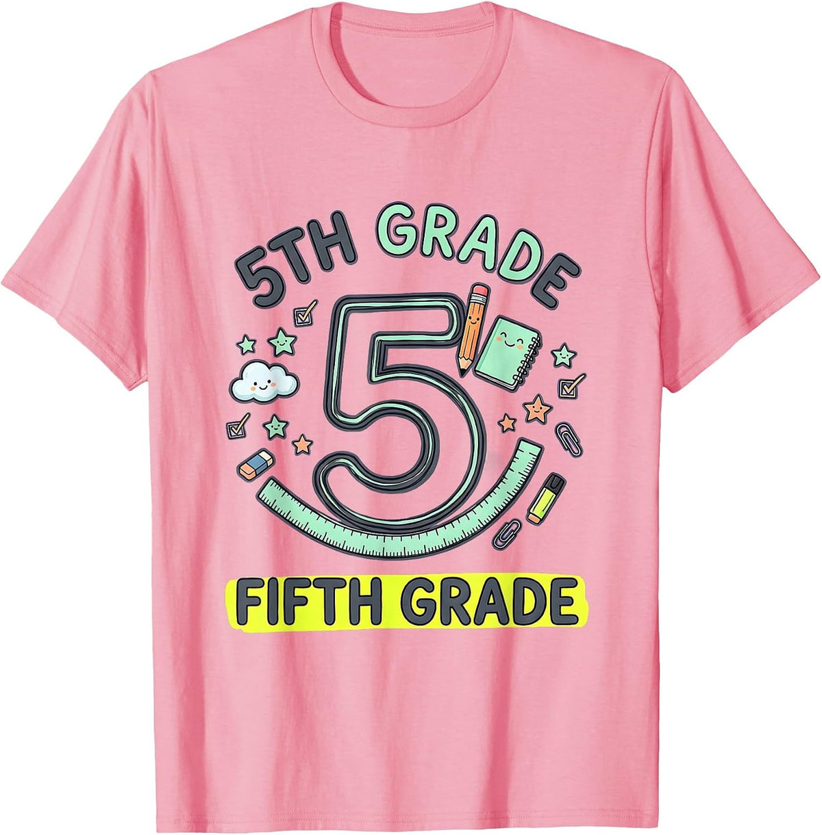 Men's 5TH GRADE FIFTH GRADE Kawaii Stationery Doodle Back T-Shirt - Pink