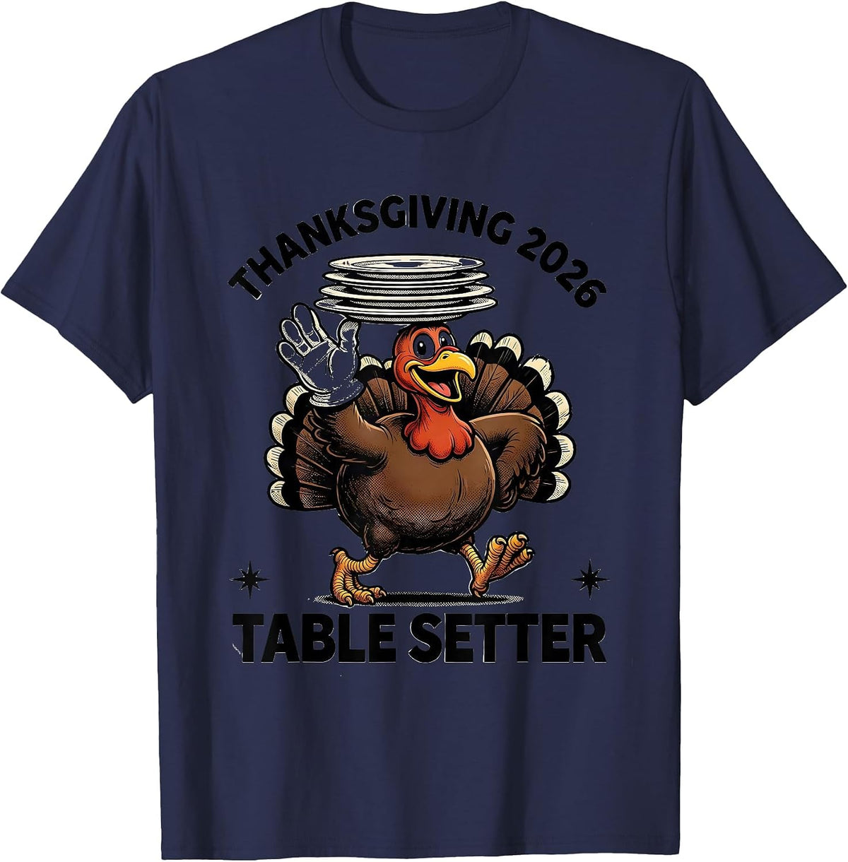 Thanksgiving 2026 Table Setter Retro Cartoon Turkey Humor T-Shirt - Navy Blue