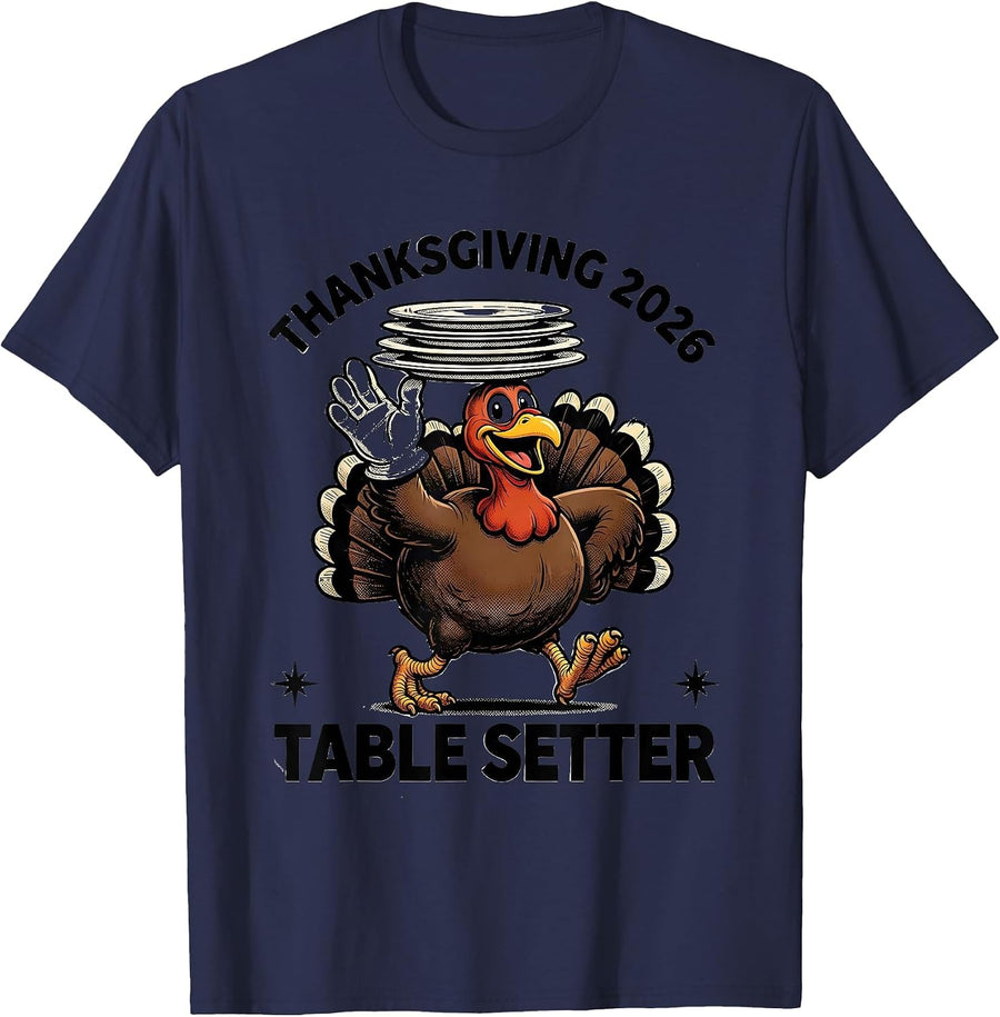 Thanksgiving 2026 Table Setter Retro Cartoon Turkey Humor T-Shirt - Navy Blue