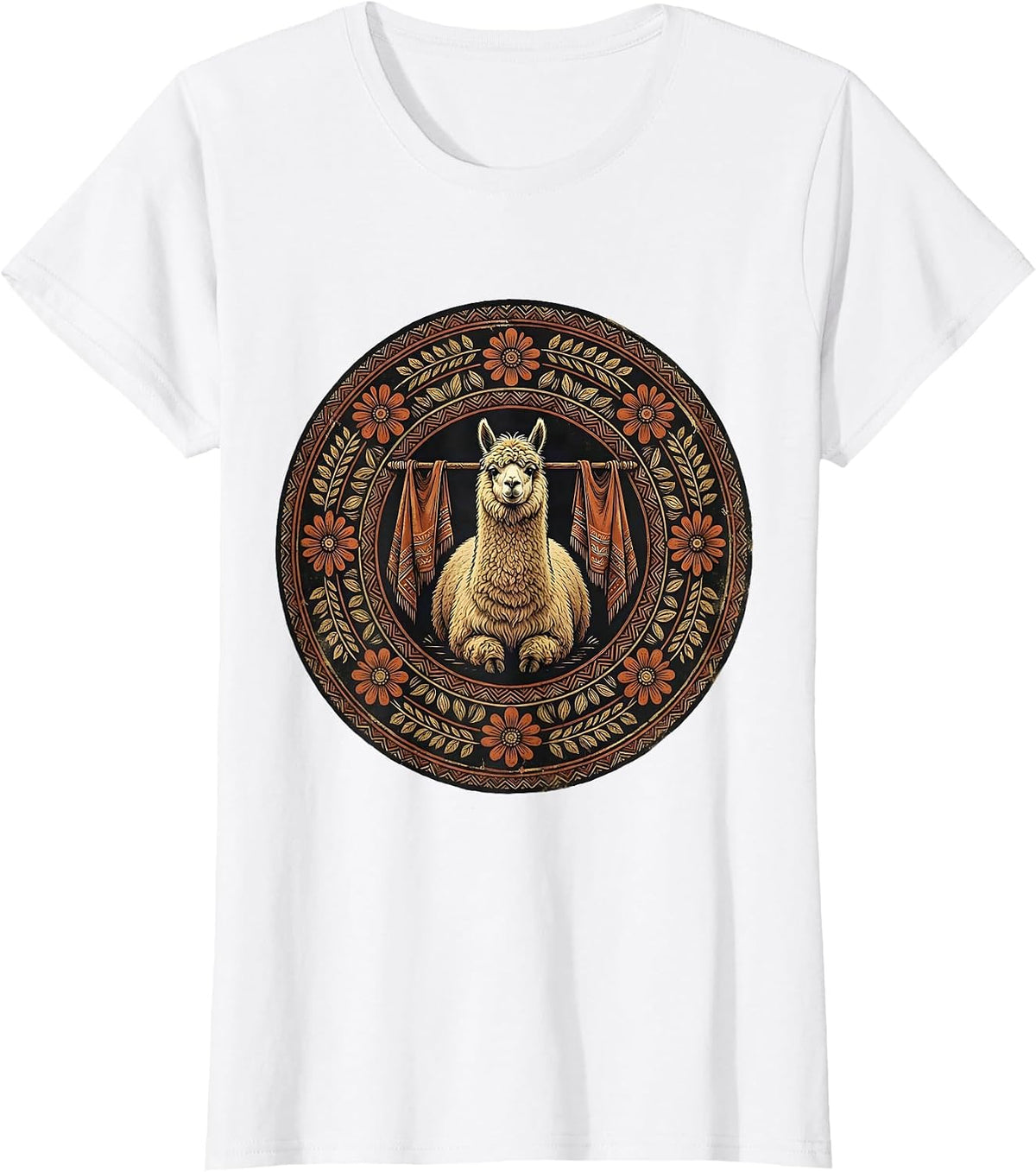 Alpaca and Hand-Dyed Poncho Illustration T-Shirt - White