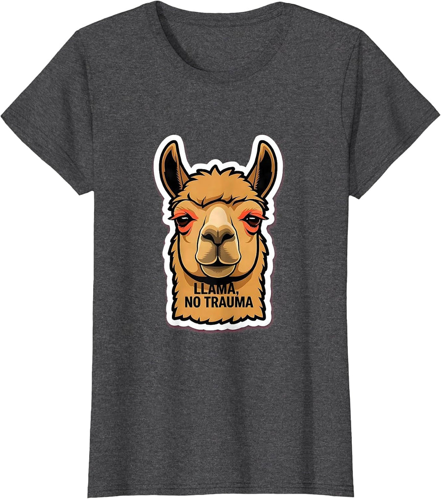 Women's Llama No Trauma Funny Llama Lover Animal Humor T-Shirt - Dark Heather Grey