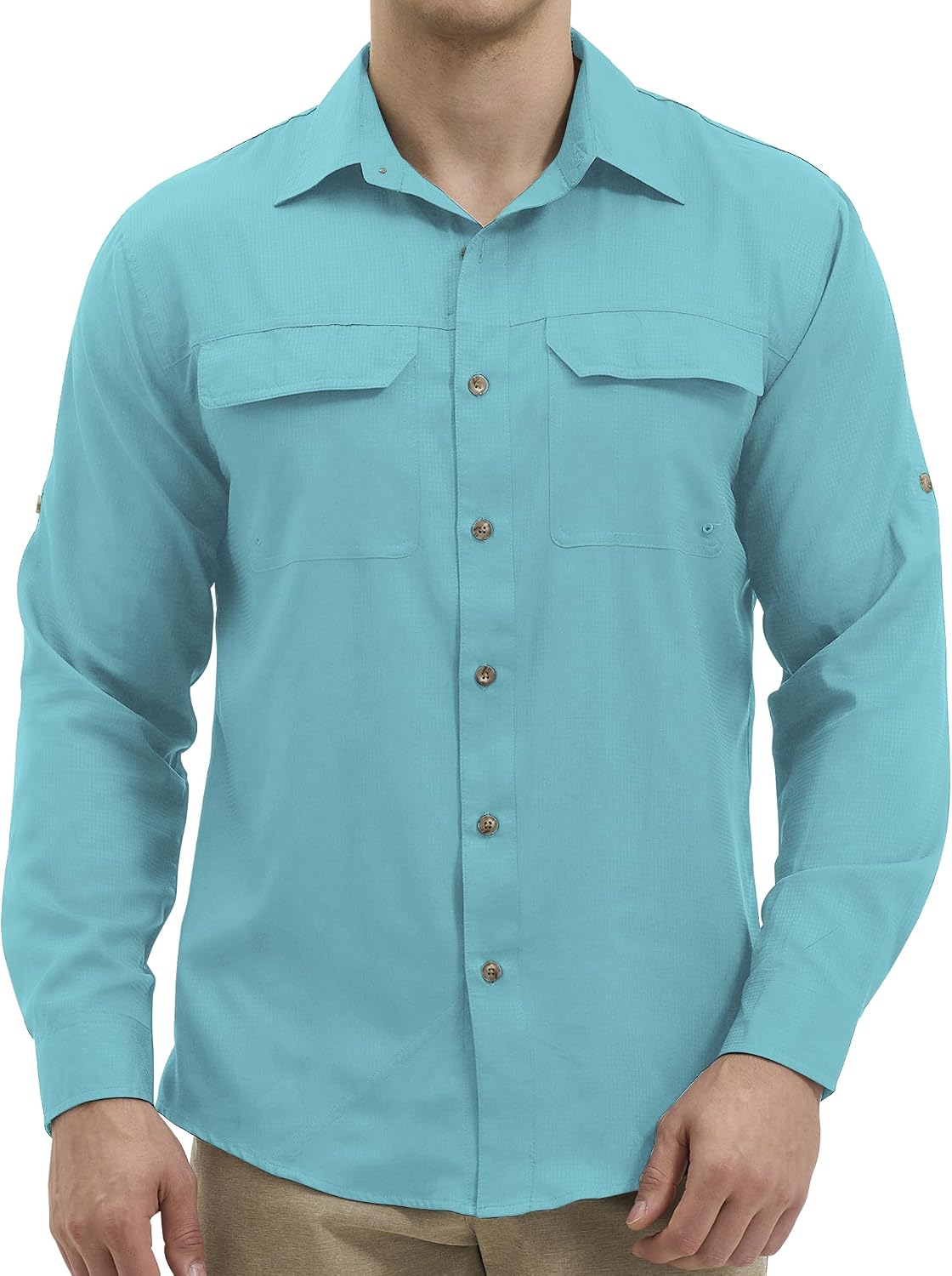 Men's UPF 50+ Sun Shirt Long Sleeve Quick-Dry for Fishing & Hiking - Watery Teal