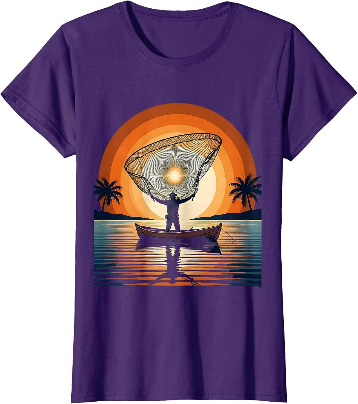 Women's Puerto Rico Fisherman Sunset Casting Net Art T-Shirt - Purple