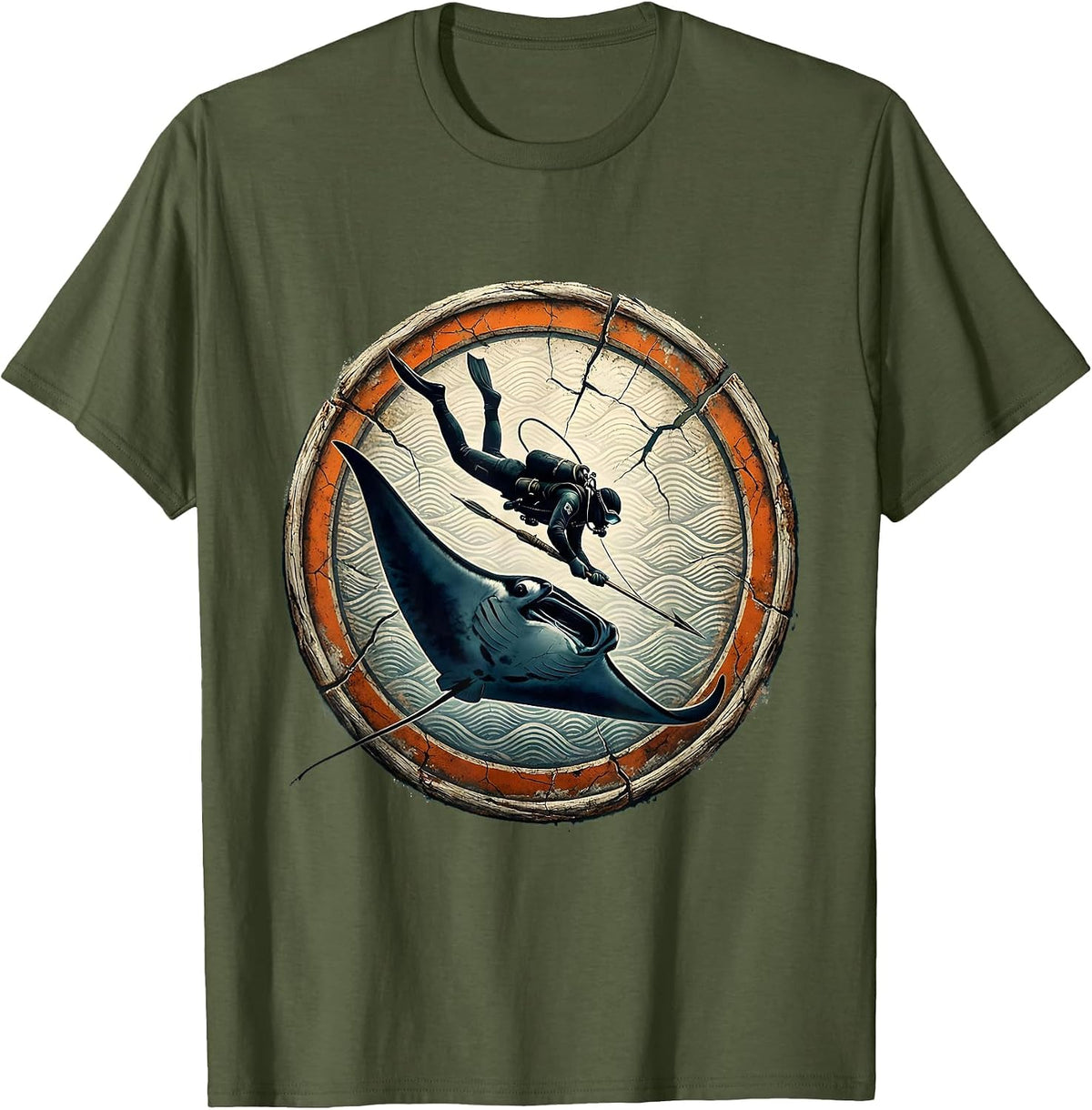 Spearfisher and Manta Ray Underwater Art T-Shirt - Olive Green