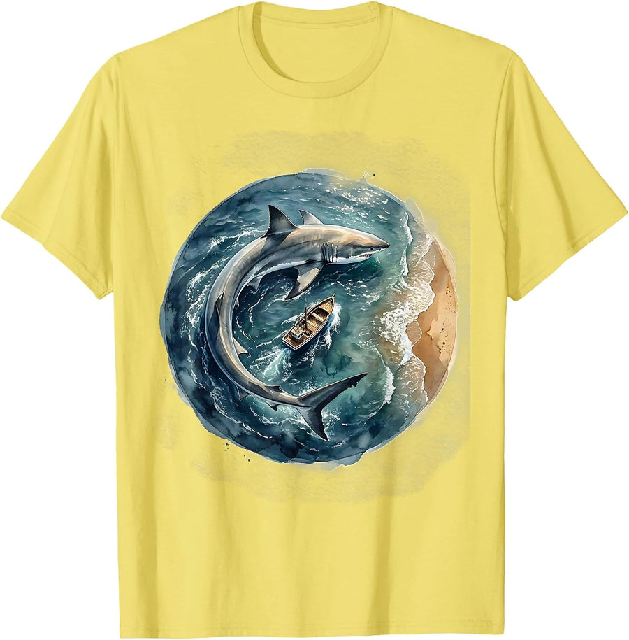 Men's Great White Shark Circling Boat Gulf of Mexico T-Shirt - Lemon Yellow