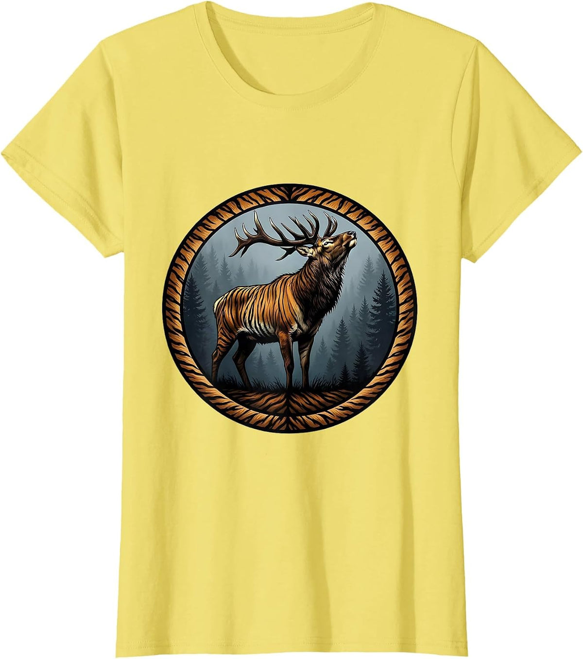 Elk Bugling at Dawn Camo Woodland Illustration T-Shirt - Lemon Yellow