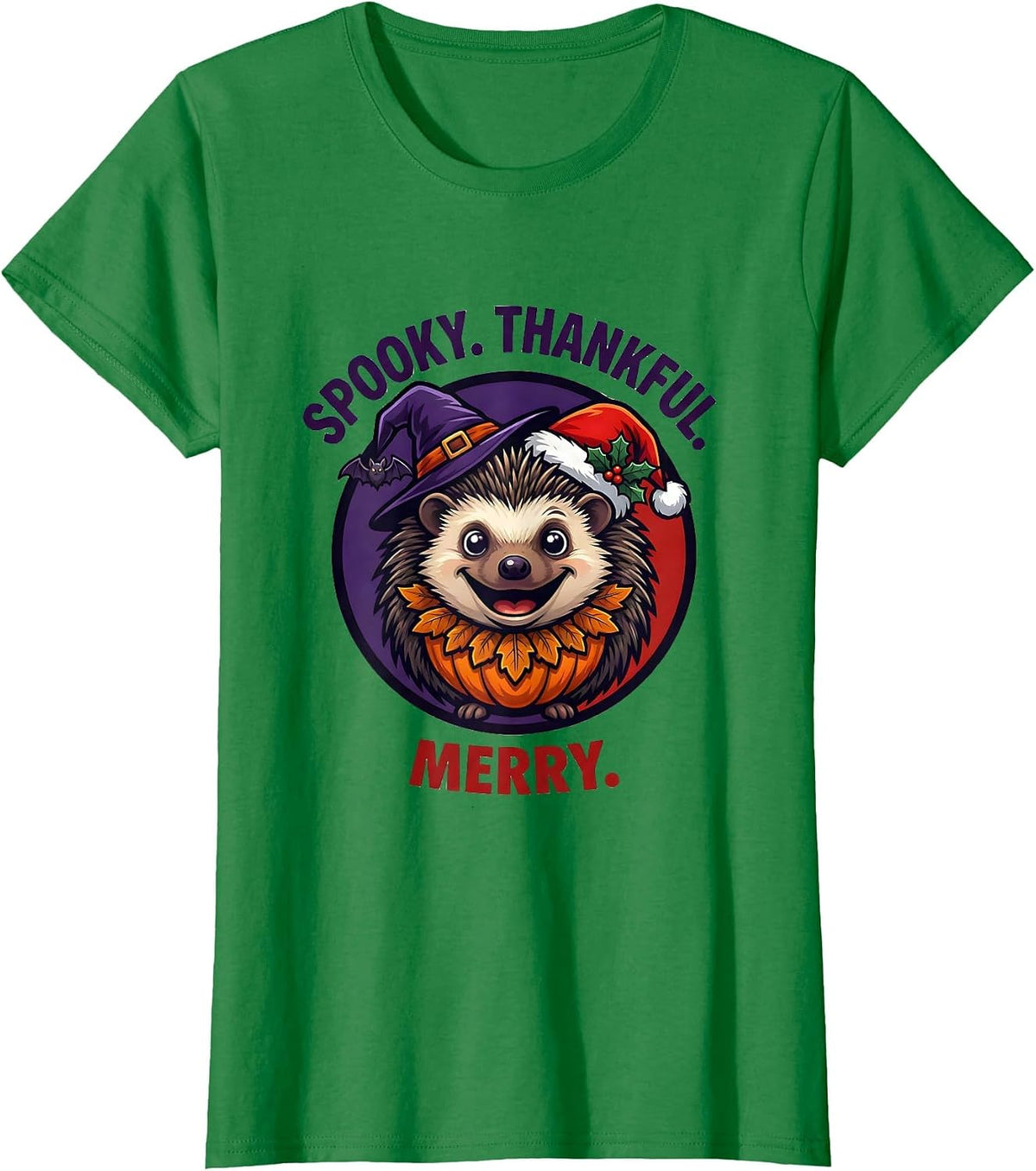 Women's Spooky Thankful Merry Mascot Logo Tri Holiday Halloween T-Shirt - Kelly Green