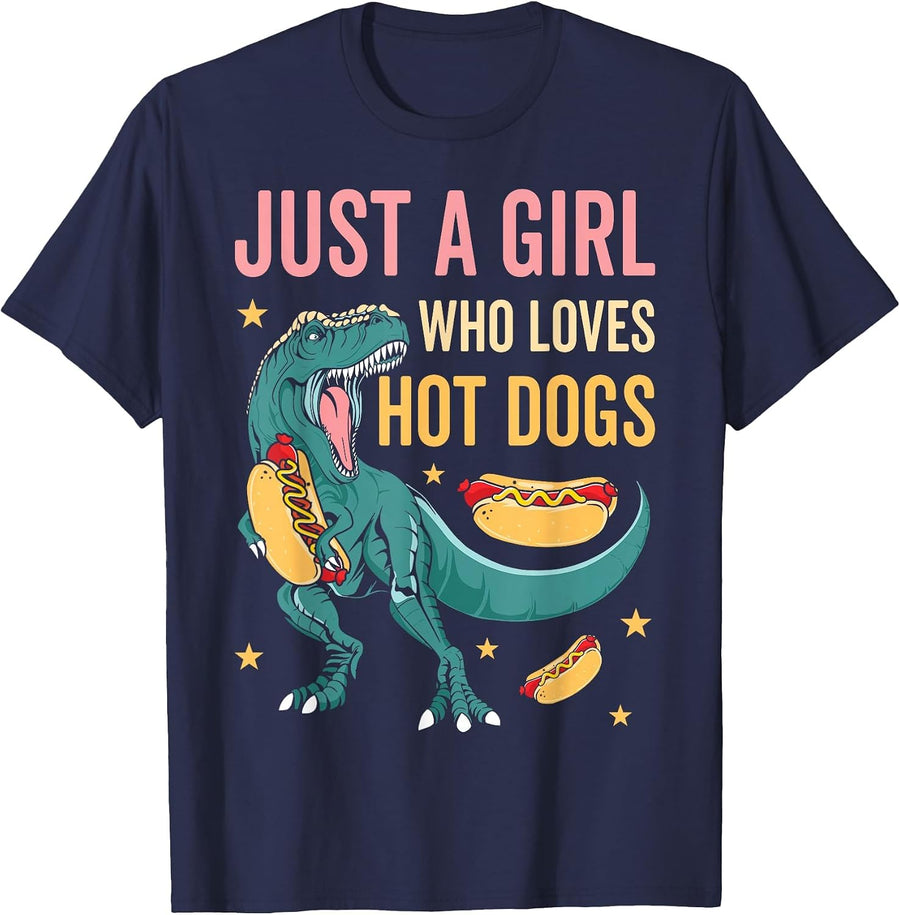Just a Girl who Loves hot Dogs, Fast Food Dinosaur, t-rex T-Shirt - Navy Blue