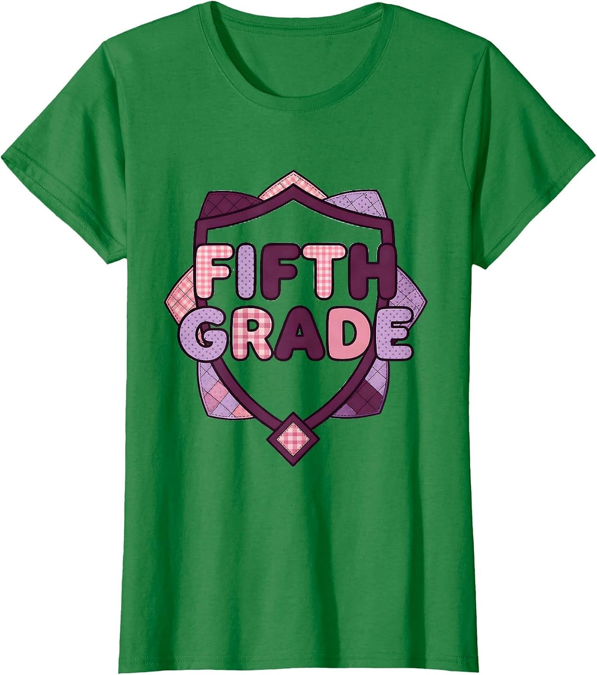 Women's Fifth Grade Blue Patchwork Back To School Girls Teachers T-Shirt - Kelly Green