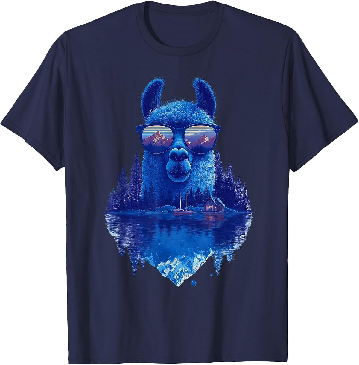 Funny Alpaca Llama with Sunglasses Animal Graphic T-Shirt - Navy Blue