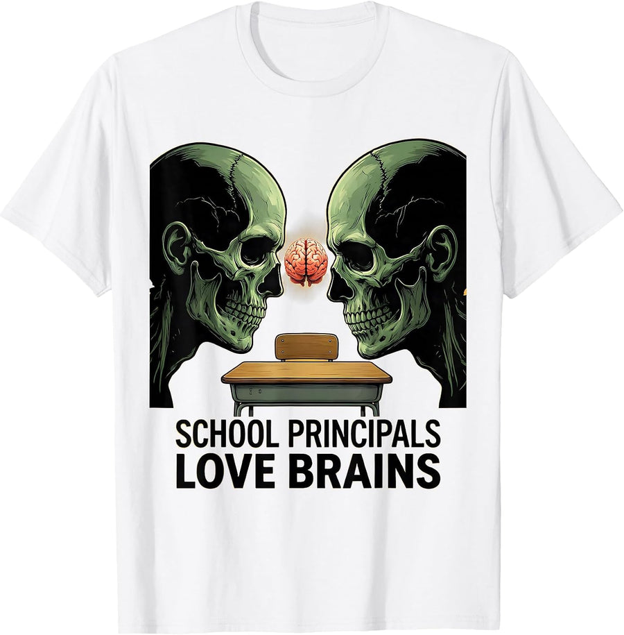 Men's School Principals Love Brains Funny Teacher Halloween Zombie T-Shirt - White