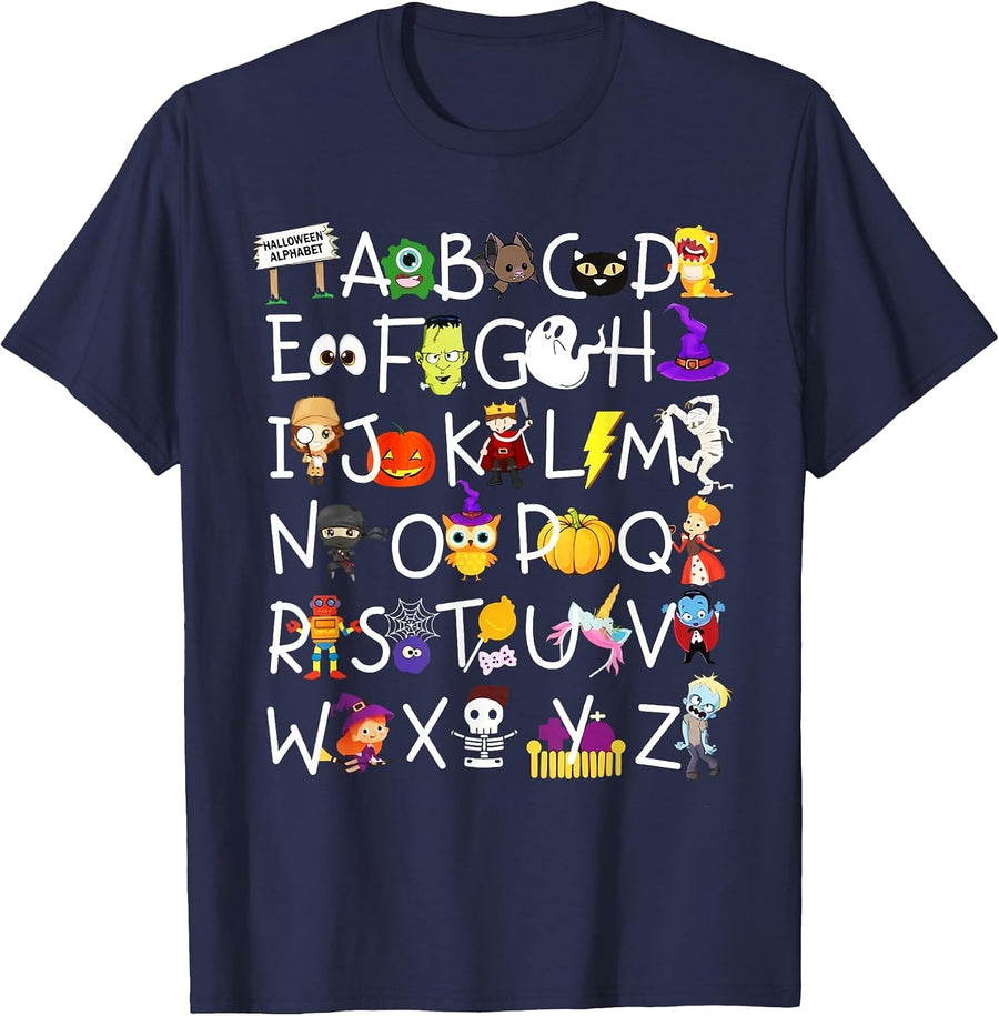 Alphabet ABCs Halloween Characters Kindergarten Teacher Kids T-Shirt - Navy Blue