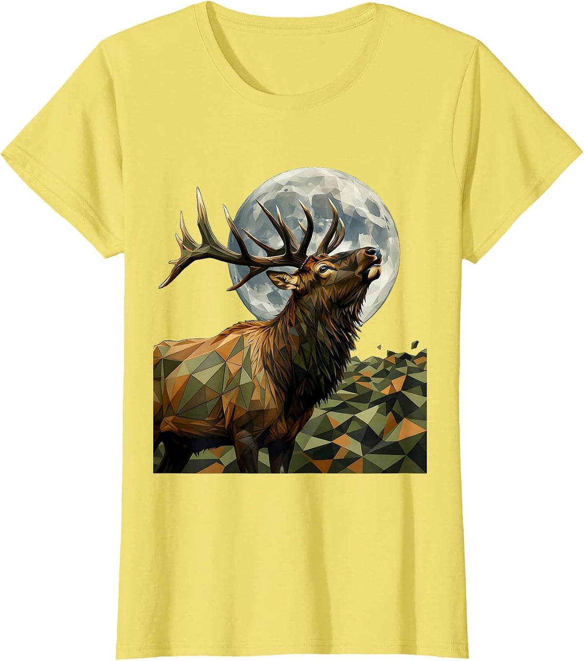 Camo Elk Bugling at Full Moon Wildlife Design T-Shirt - Lemon Yellow