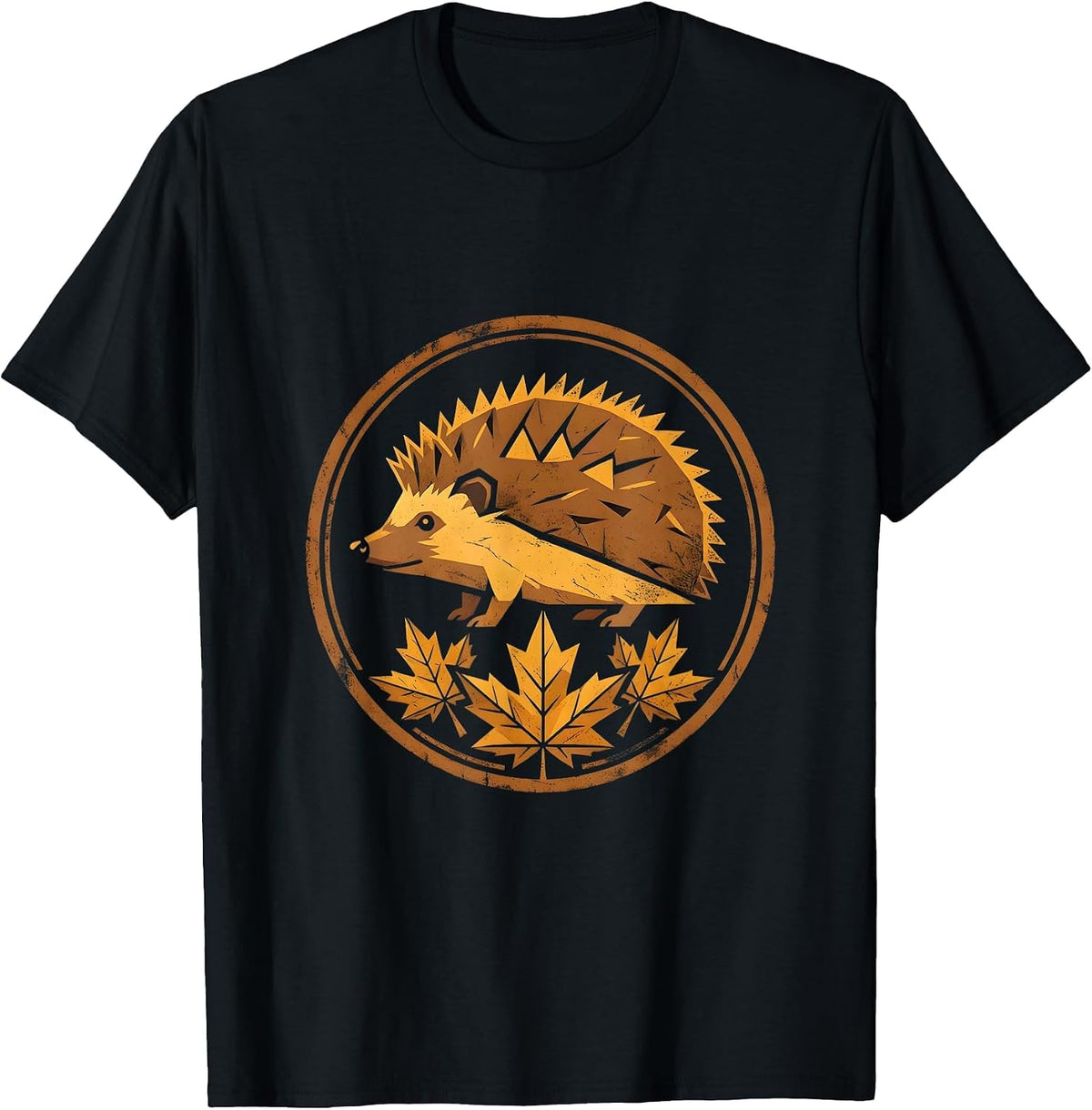 Men's Hedgehog in Autumn Leaves Fall Illustration T-Shirt - Black