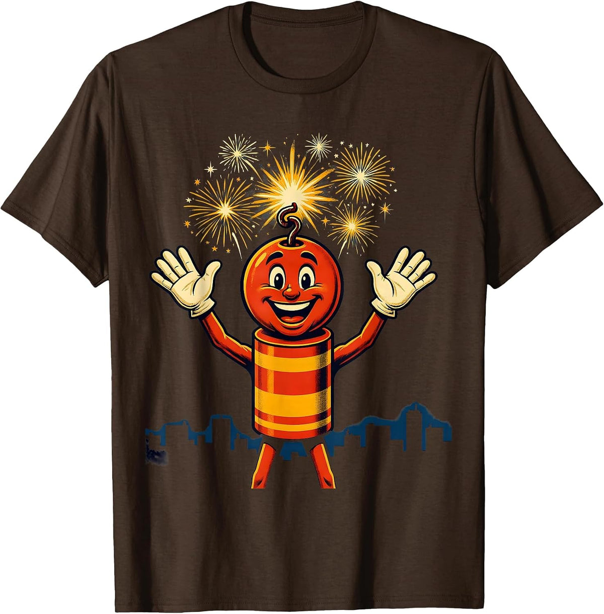 Men's Fireworks Over Rooftops Night Sky Celebration T-Shirt - Brown