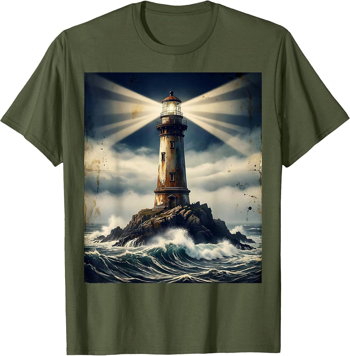 Men's Lighthouse Beam Through Night Fog Sailor Design T-Shirt - Olive Green