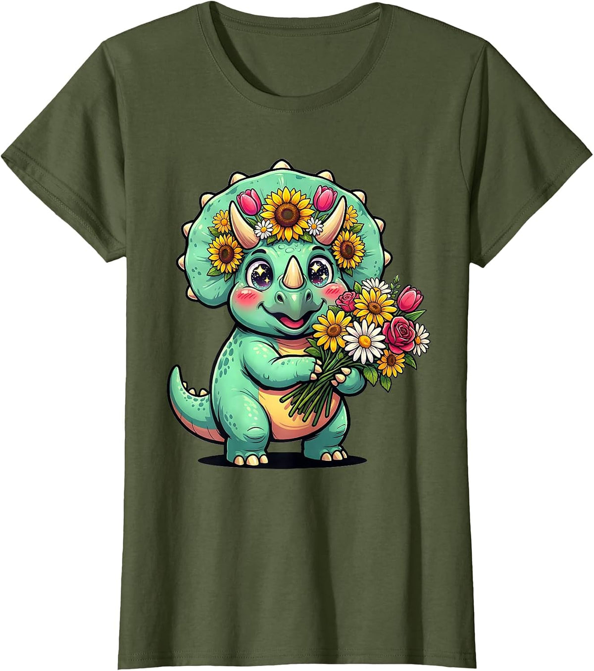 Women's Triceratops Flower Bouquet Dinosaur Graphic T-Shirt - Olive Green