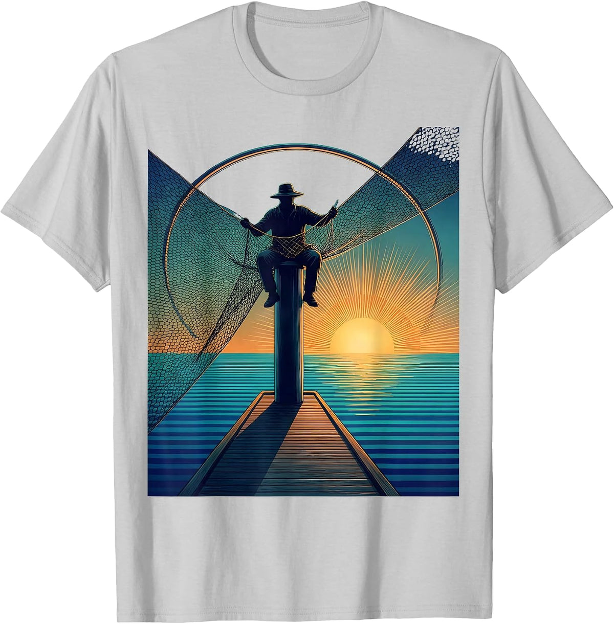 Men's Puerto Rico Fisherman Mending Nets Coastal Art T-Shirt - Silver Grey