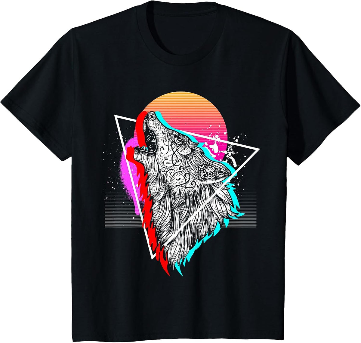 Synthwave Aesthetic Howling Wolf 1990s Retro Vaporwave T-Shirt - Black
