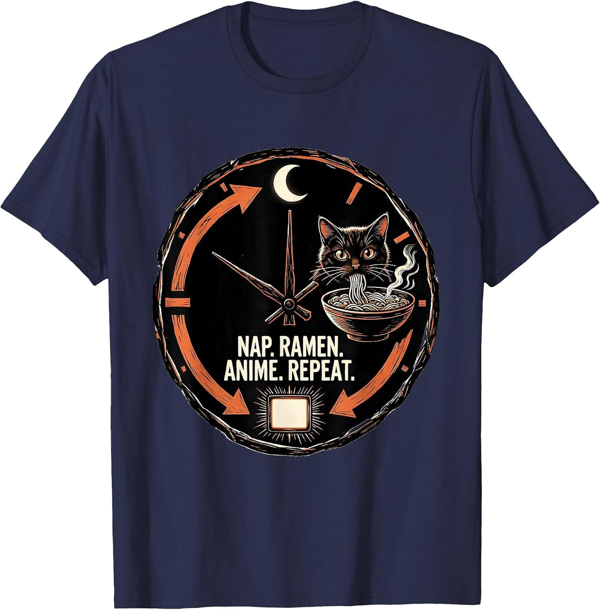 Nap Ramen Anime Repeat Funny Kawaii Cat Graphic T-Shirt - Navy Blue