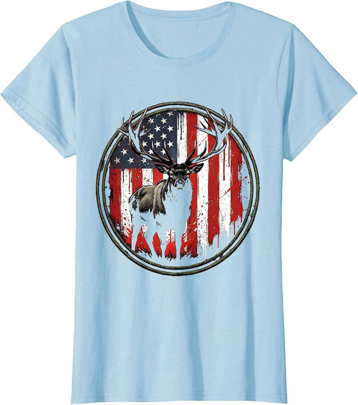 Bull Elk Meadow Sunrise Wildlife Illustration T-Shirt - Baby Blue