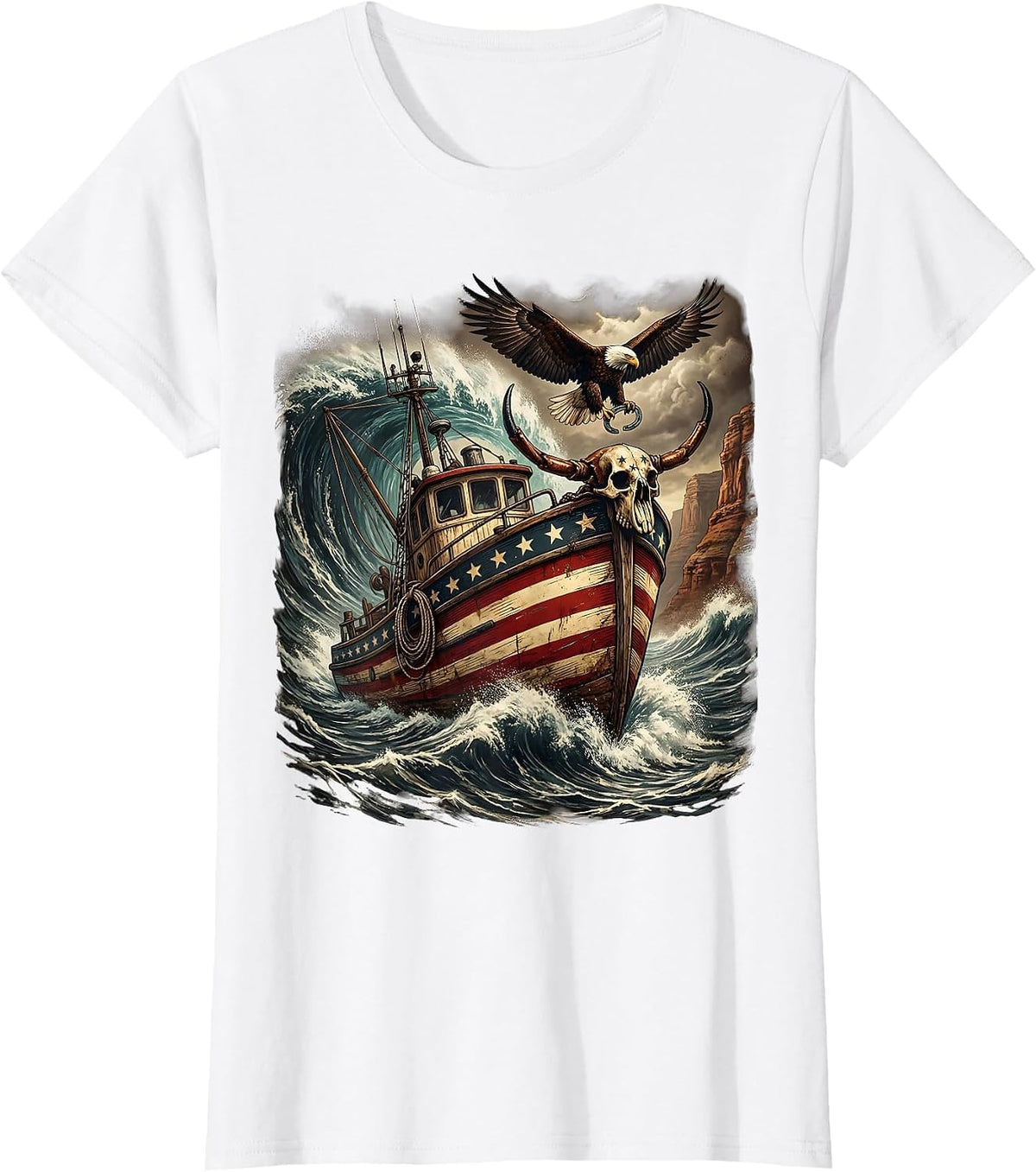 Gulf of America Crab Boat Storm Waves Illustration T-Shirt - White