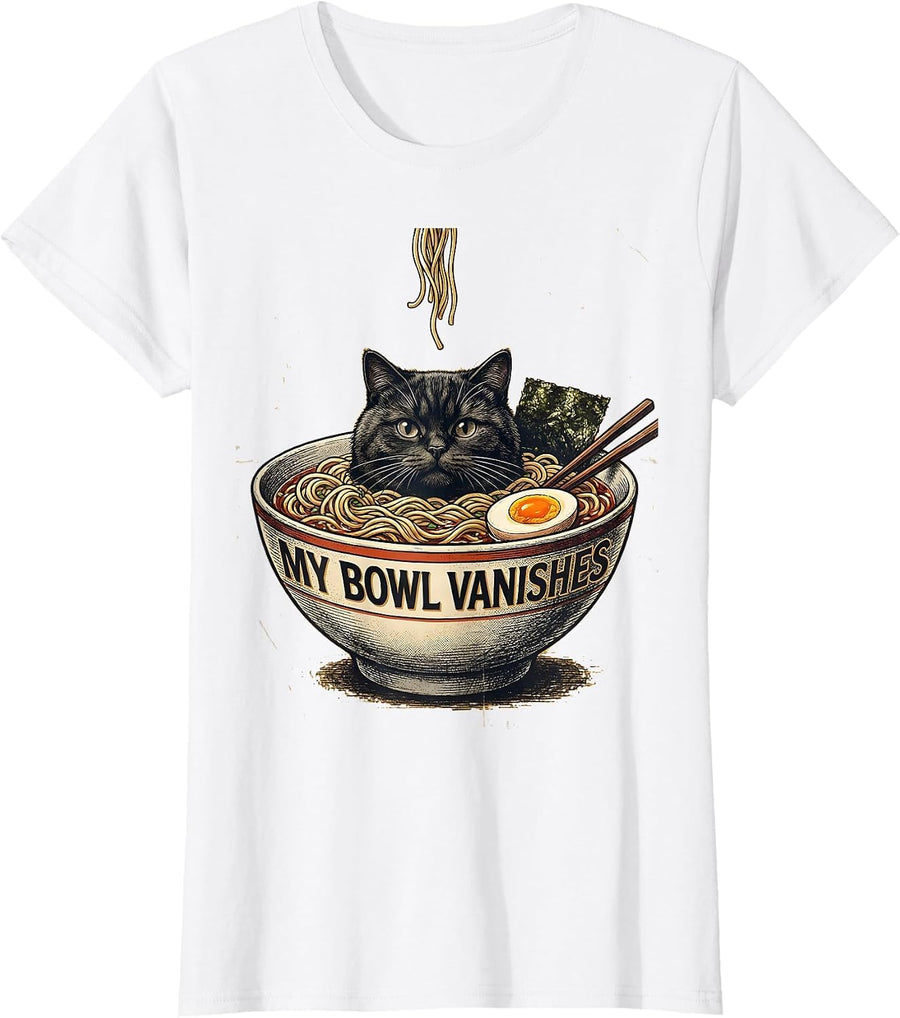 Women's My Bowl Vanishes Funny Cat Ramen Anime Art Kawaii Gift T-Shirt - White