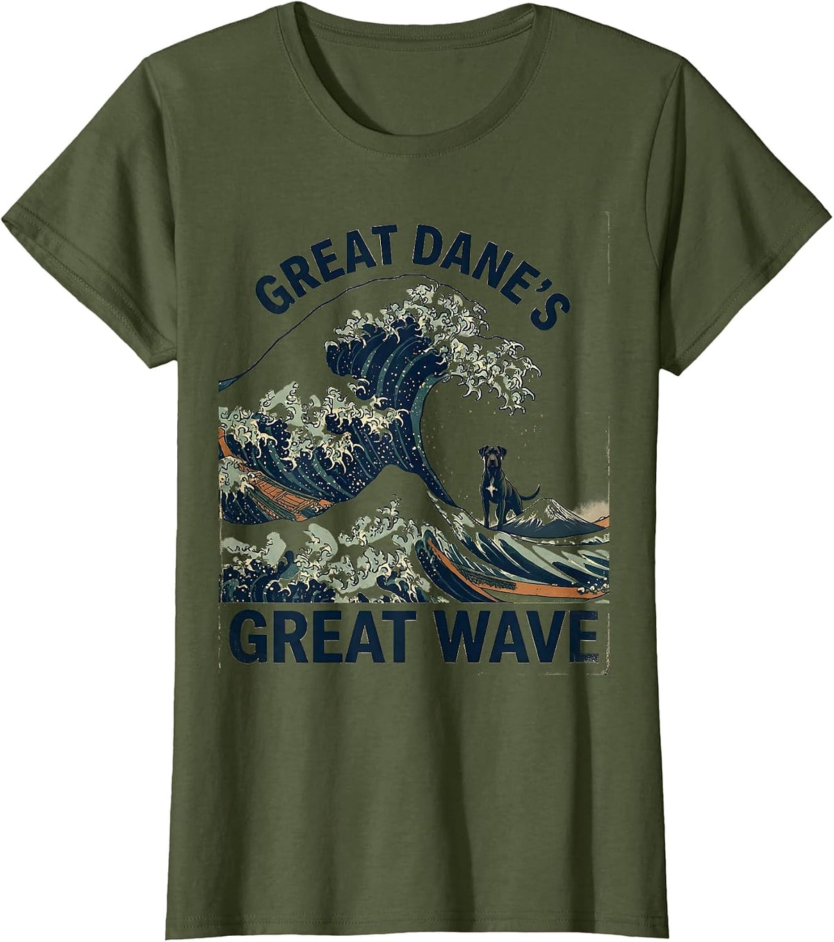 Women's Great Dane's Great Wave Vintage Japanese Art Dog Lover Gift T-Shirt - Olive Green