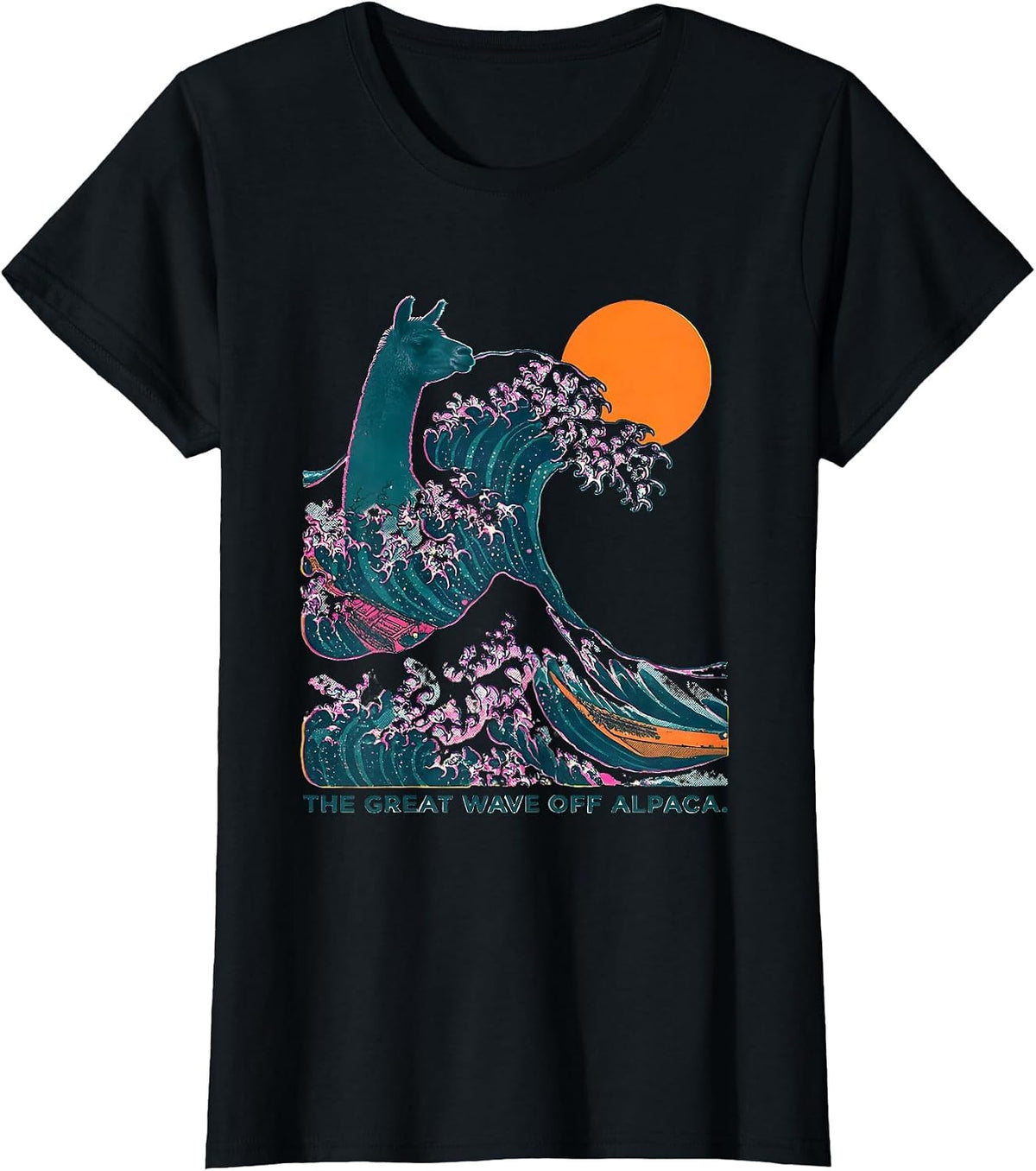 The Great Wave off Alpaca Risograph Funny Animal Lover T-Shirt - Black
