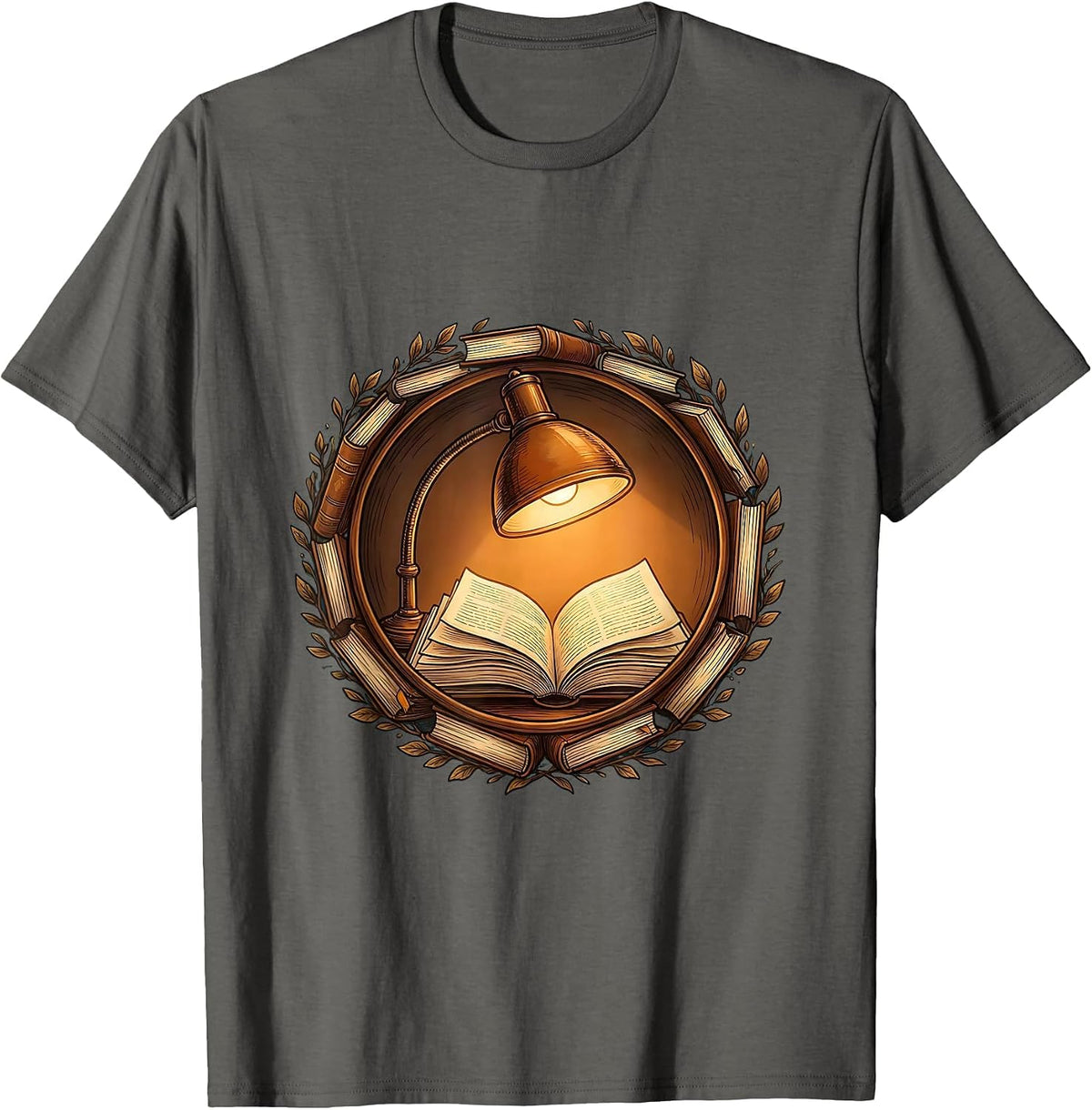 Men's Reading Lamp and Open Book Illustration T-Shirt - Asphalt Grey