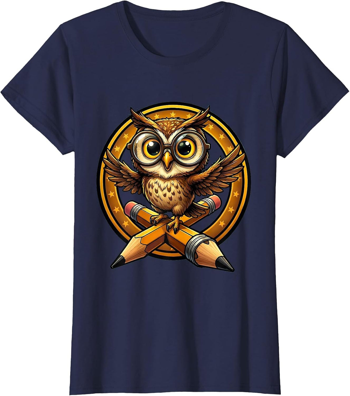 Women's Sped Teacher Owl on Pencil Glasses Graphic T-Shirt - Navy Blue