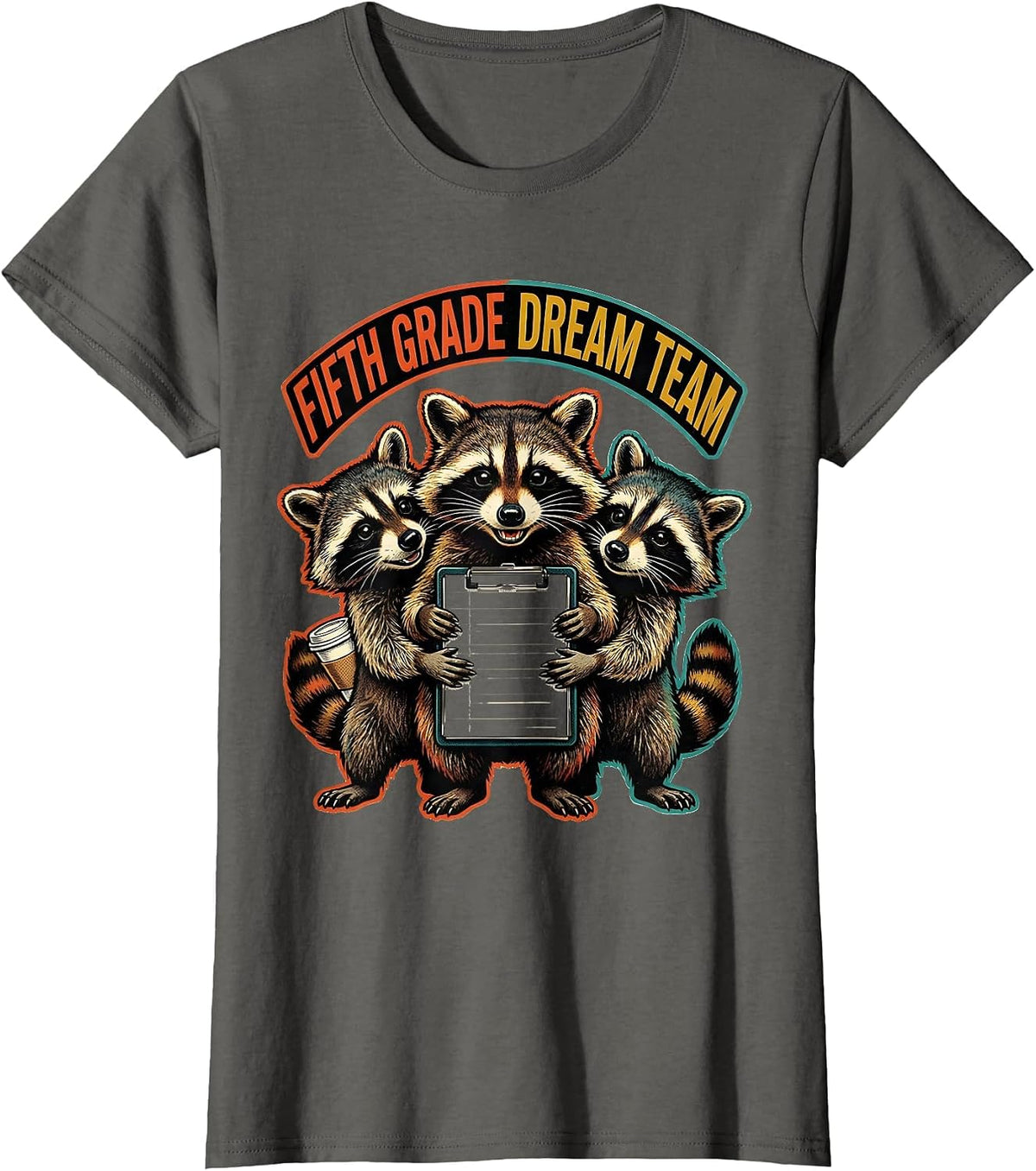 Women's Fifth Grade Dream Team Retro Advertising Mascot Raccoon T-Shirt - Asphalt Grey