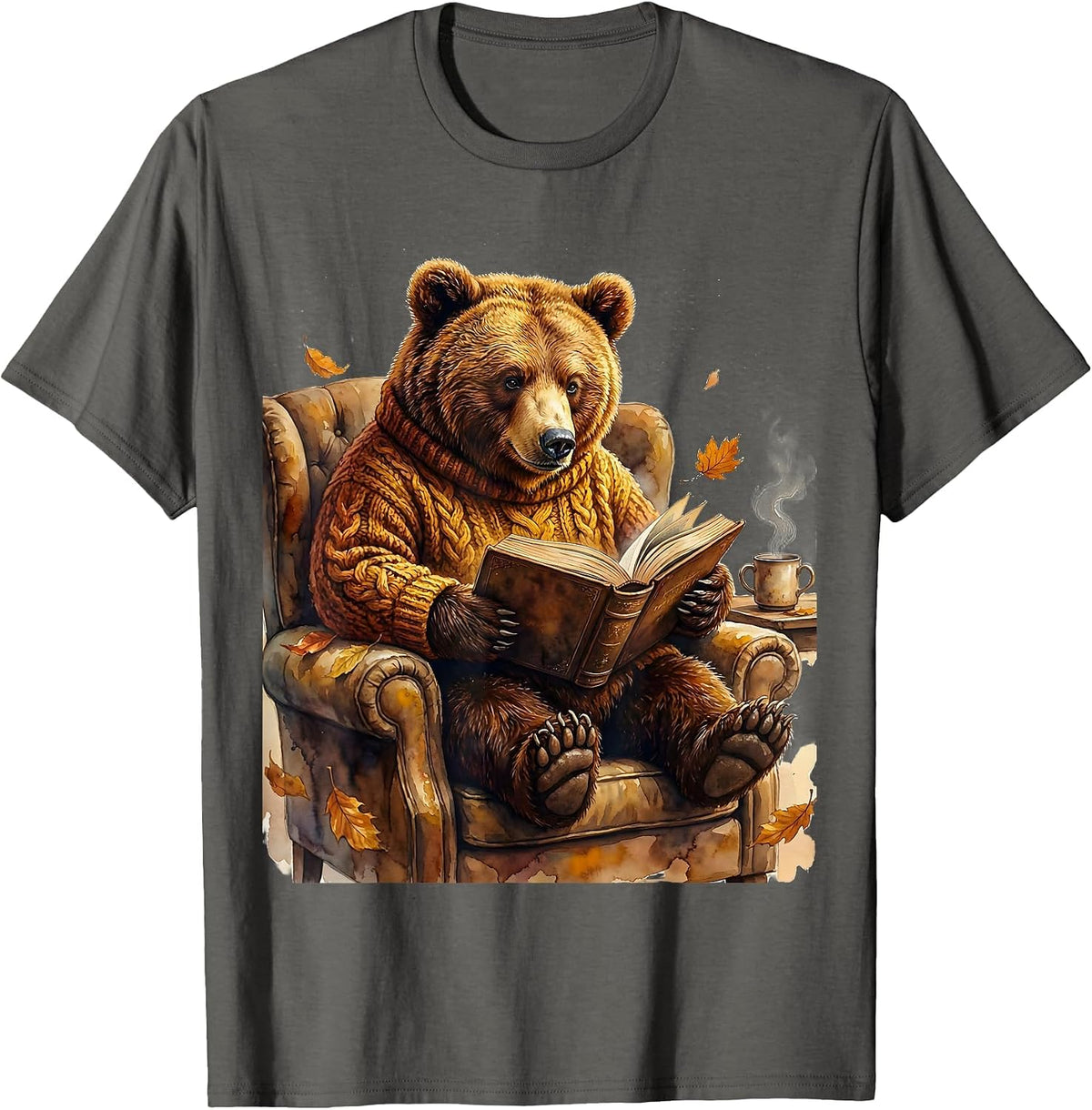 Men's Fall Teacher Bear Reading Book Illustration T-Shirt - Asphalt Grey