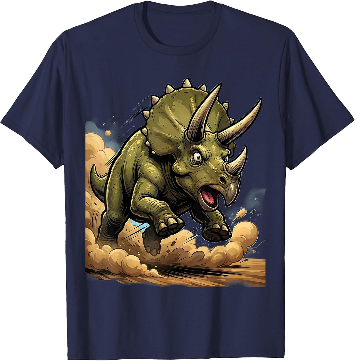Triceratops Charging Dinosaur Dust Cloud Graphic T-Shirt - Navy Blue